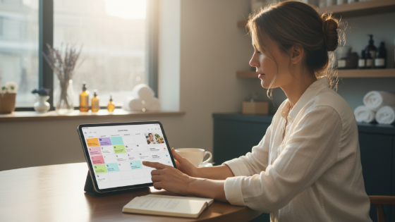 Spa owner browsing creative ideas on a social media calendar on an iPad.
